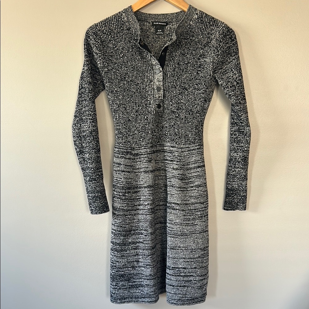 Club Monaco Wool Henley Sweater Dress Size XS Black White Gray